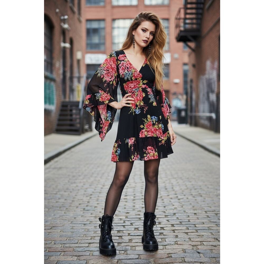 Betsy Johnson Floral Mini Dress Sz 4 Black Pink Babydoll Bell Sleeves Whimsigoth - Picture 4 of 16